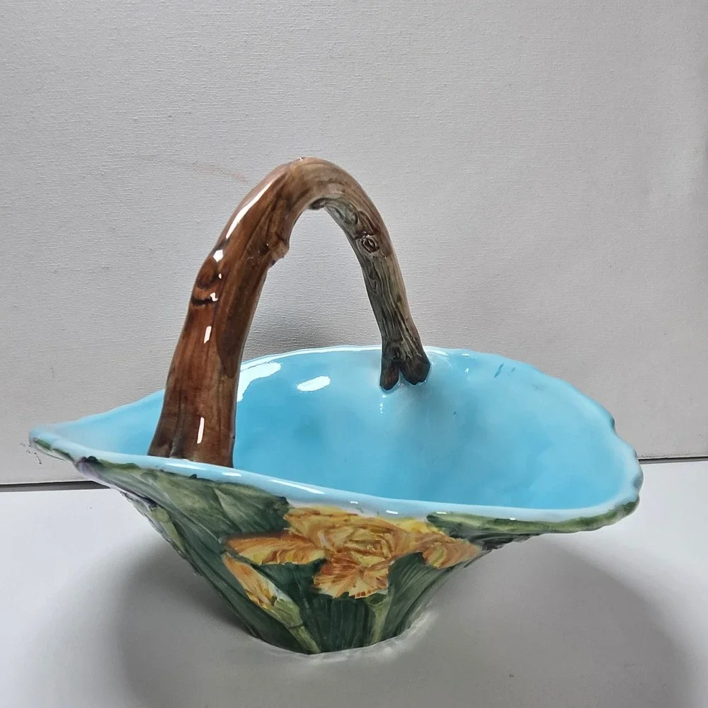 Majolica Iris Basket Made in Italy Ceramic Basket Floral Iris Branch Vintage VTG